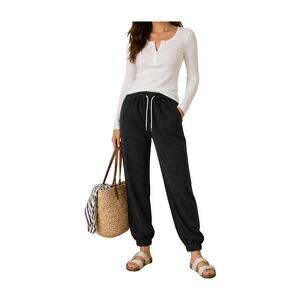 Monrow Black Linen Jogger Pants Elastic Waist Lightweight S Clean Girl Coastal